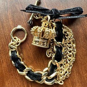 Juicy Couture Gold Tone & Black Velvet Ribbon Crown/Watch Charm Bracelet.